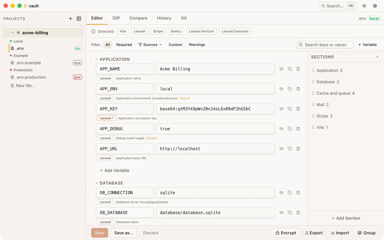 The Dotvault editor, with Laravel detected and every variable annotated